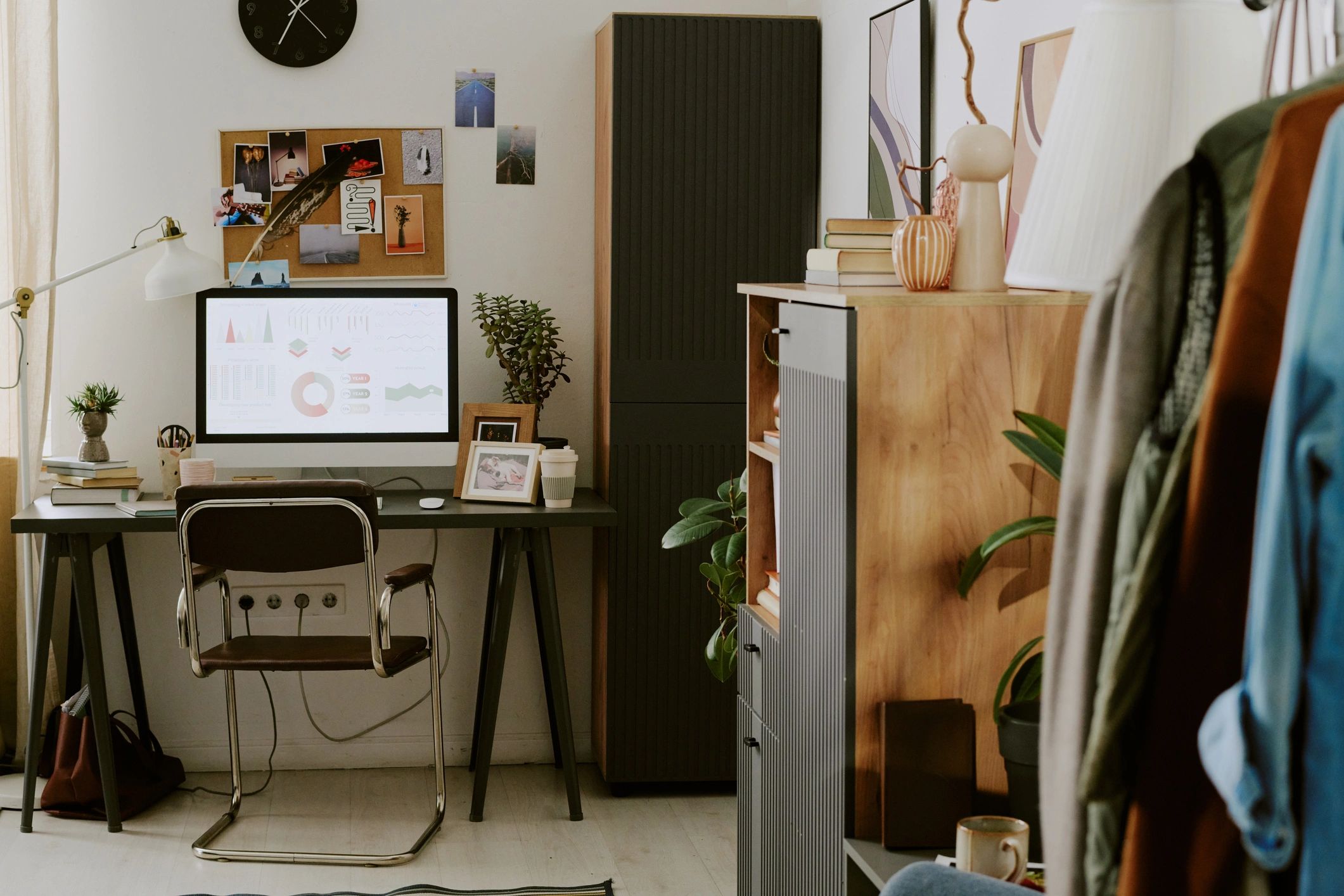 Workspace with analytics dashboard on a desktop screen